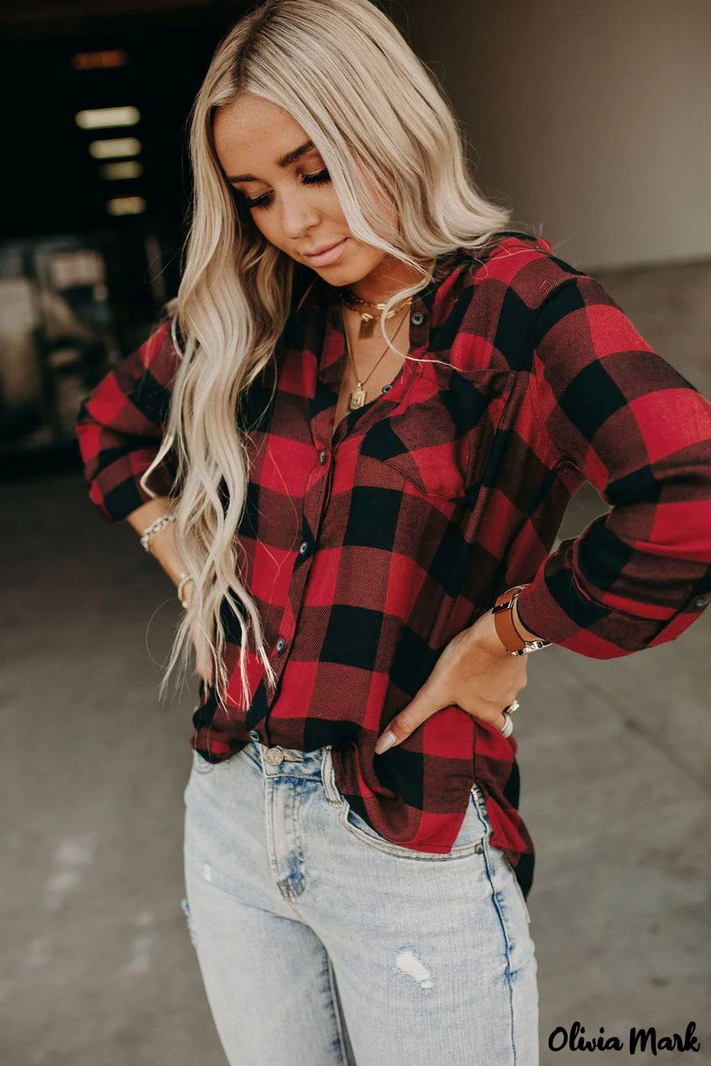 Deanwangkt - Red Buffalo Plaid Blouse with Button Pocket - Deanwangkt