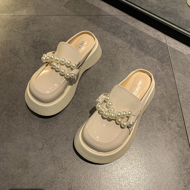 Deanwangkt New Slippers Loafer Chunky Golden Chains Women Chain Backless Leather Loafer Cork Midsole Ladies Luxury Mule Sandal - Deanwangkt