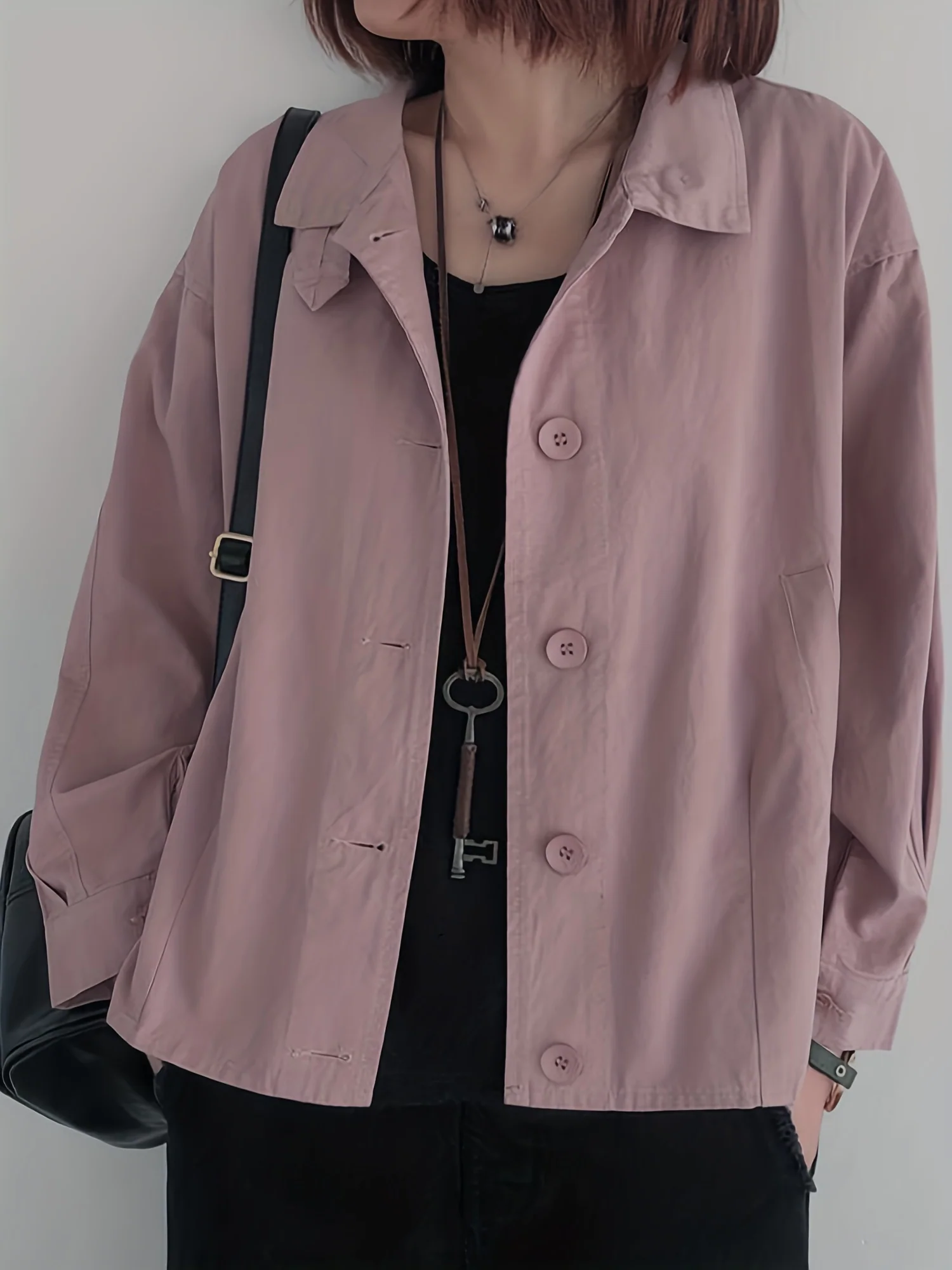 deanwangkt-1  Solid Button Front Jacket, Casual Long Sleeve Turn Down Collar Long Sleeve Outerwear, Women's Clothing - Deanwangkt