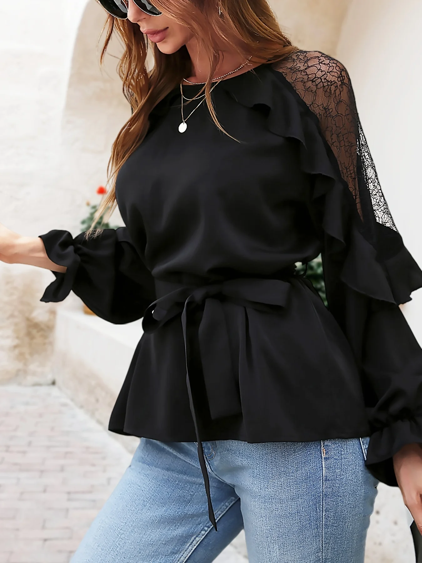 Lace Splicing Ruffle Trim Blouse, Elegant Long Sleeve Belted Blouse For Spring & Fall, Women's Clothing - Deanwangkt