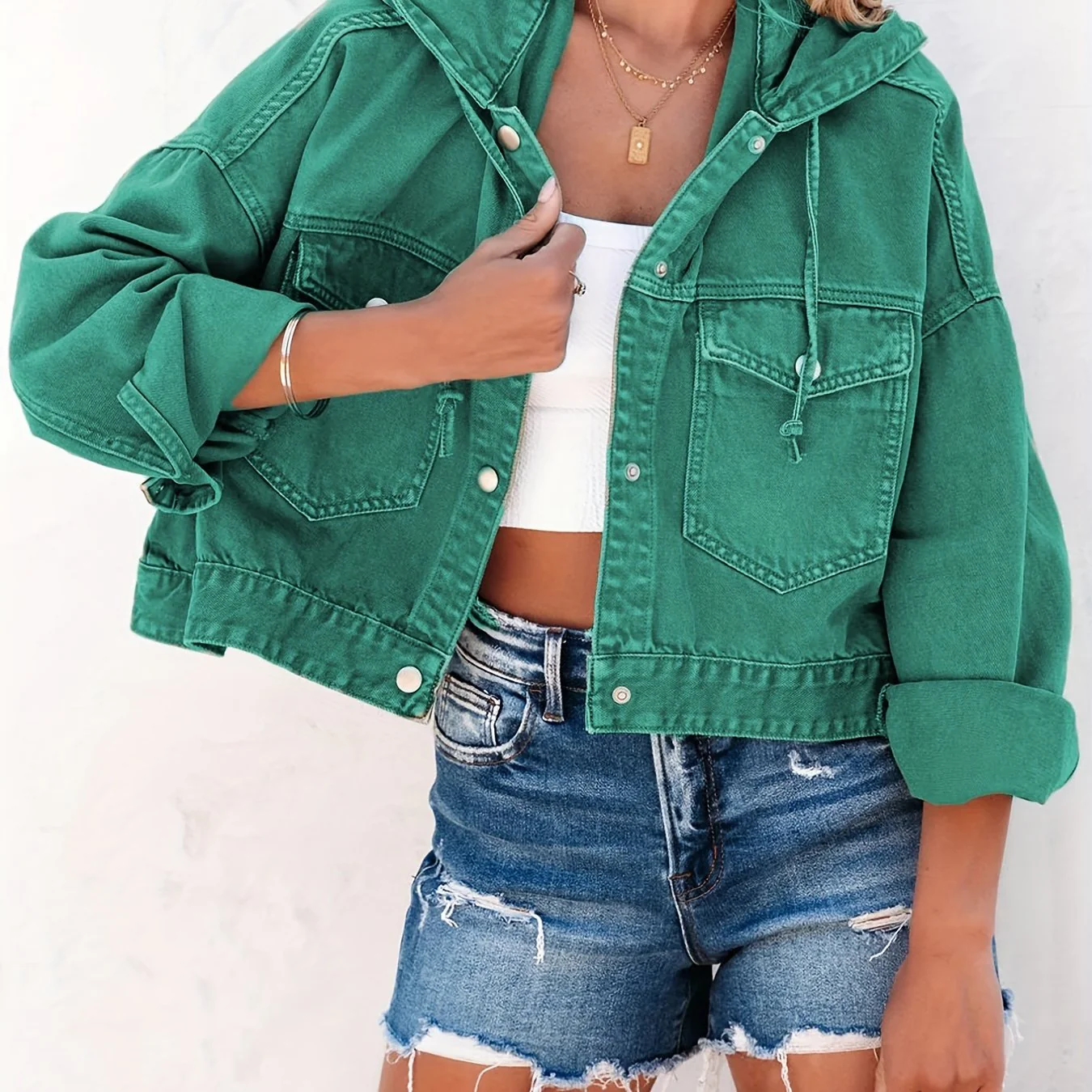 Plain Drawstring Hooded Denim Jackets, Long Sleeves Flap Pockets Cropped Denim Coats, Women's Denim Clothing - Deanwangkt