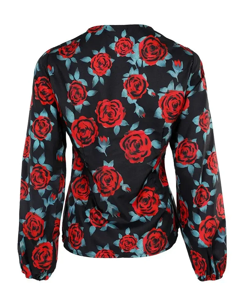 Deanwangkt - Floral Print Long Sleeve V-Neck Top - Deanwangkt