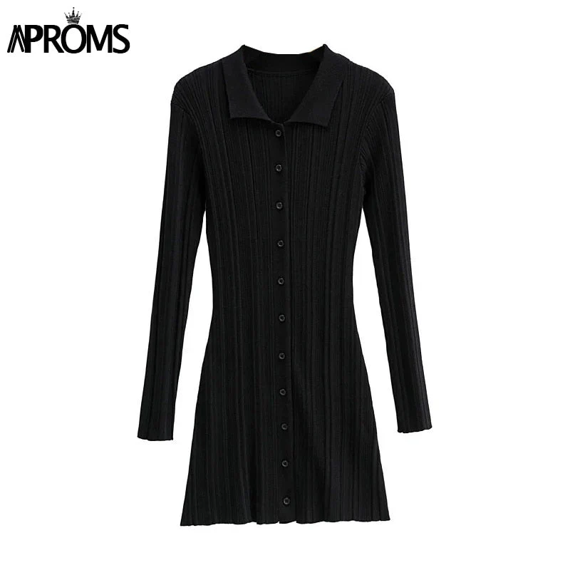 Christmas Gift Aproms Elegant Green Thick Ribbed Knitted Shirt Dress Women Deanwangkt Winter Buttons Long Sleeve Stretch Bodycon Short Mini Dresses - Deanwangkt