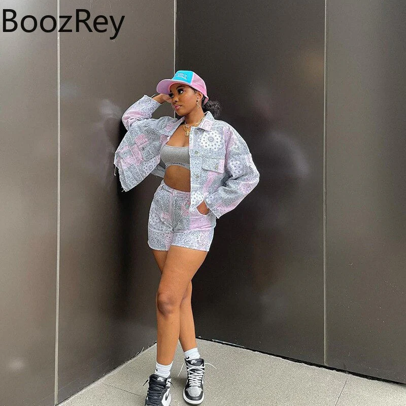 BoozRey Women Fall shorts sets Casual Fashion Printed Y2k Womens Jacket Long Sleeve Top Short Pants two piece set plus size sets - Deanwangkt
