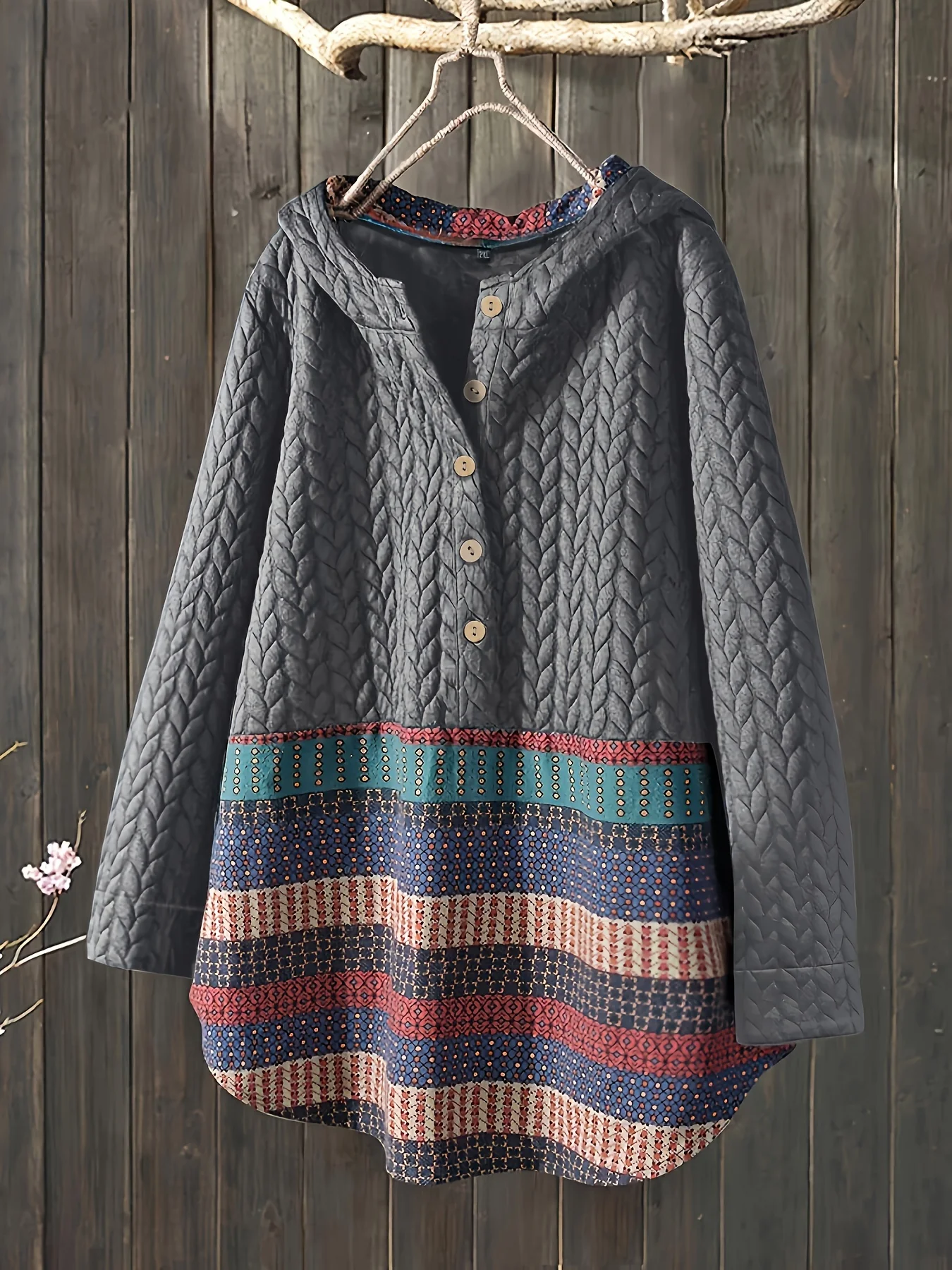 Tribal Print Long Sleeve Hooded Padded Jacket, Casual Button Front Loose Hem Outerwear, Women's Clothing - Deanwangkt