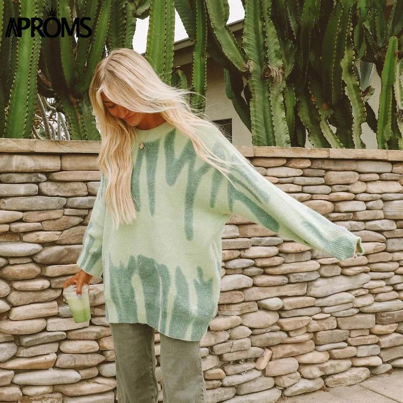 Christmas Gift Aproms Elegant Green Tie Dye Print Oversized Sweater Women Deanwangkt Winter Soft Knitted Long Pullovers Streetwear Fashion Outerwear - Deanwangkt