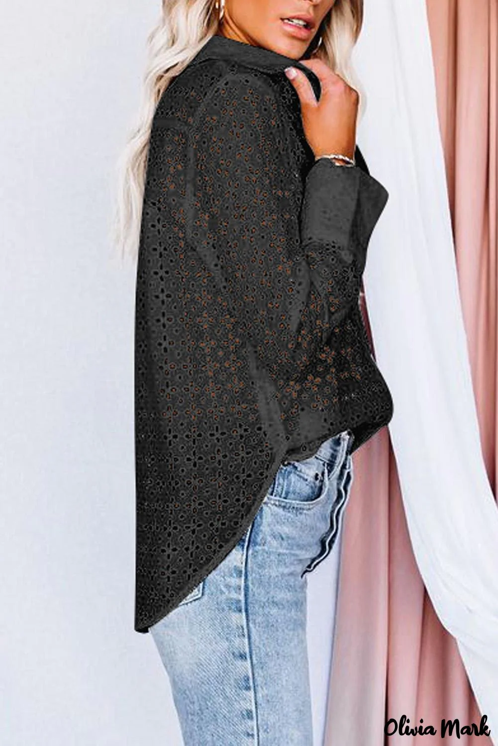 Deanwangkt - Black Hollow Out Floral Eyelet Long Sleeve Shirt - Deanwangkt