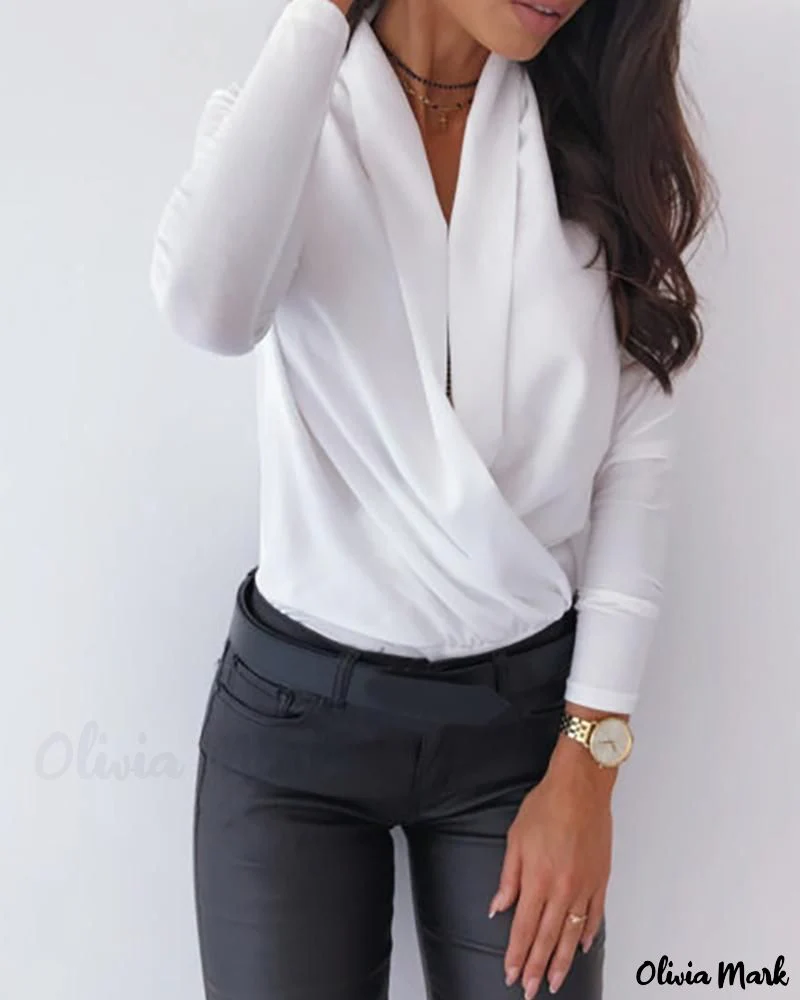 Deanwangkt - Solid Plunge Long Sleeve Ruched Blouse - Deanwangkt