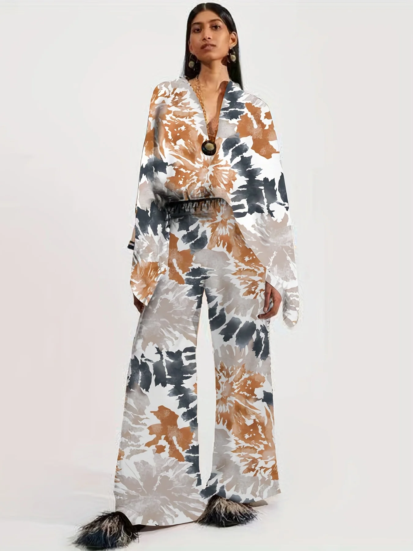 deanwangkt-1 Vacation Ethnic Print Two-piece Set, Long Sleeve Button Front Blouse & High Waist Wide Leg Pants Outfits, Women's Clothing - Deanwangkt