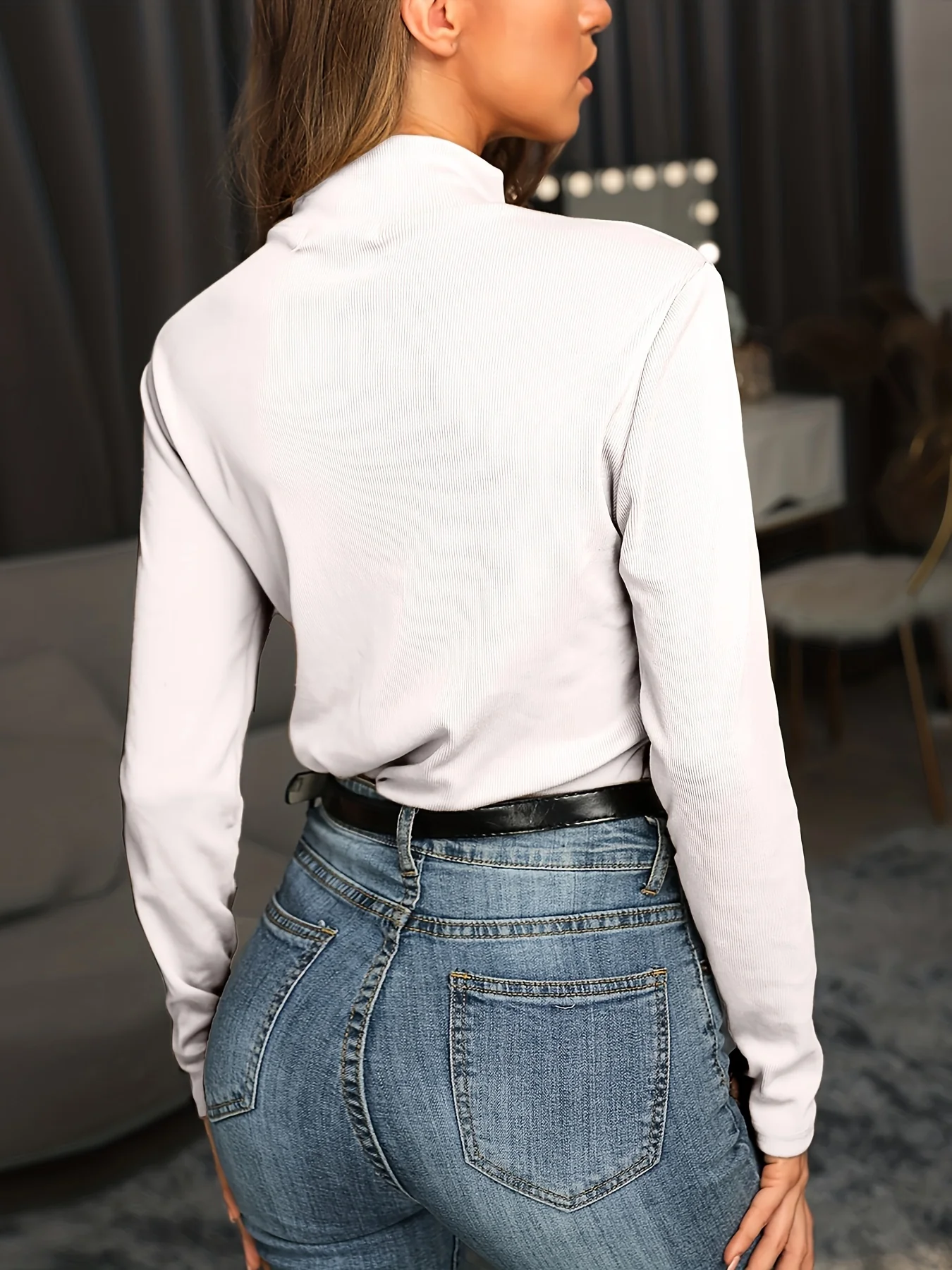 deanwangkt-1  Solid Turtle Neck Knitted Top, Casual Long Sleeve Button Versatile Sweater, Women's Clothing - Deanwangkt