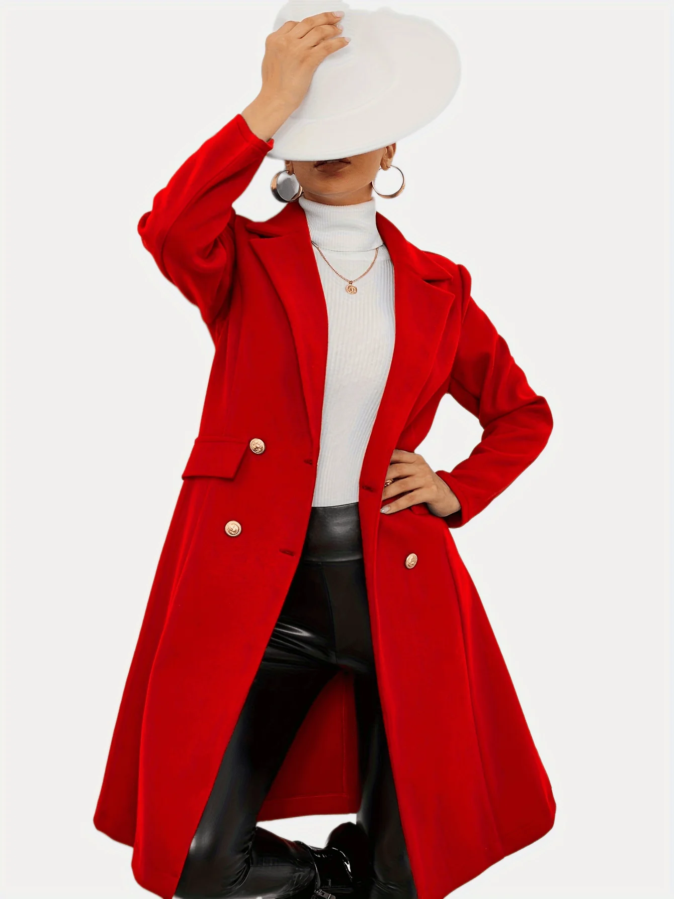 deanwangkt-1  Solid Double Breasted Lapel Overcoat, Versatile Long Sleeve Thermal Coat For Winter, Women's Clothing - Deanwangkt