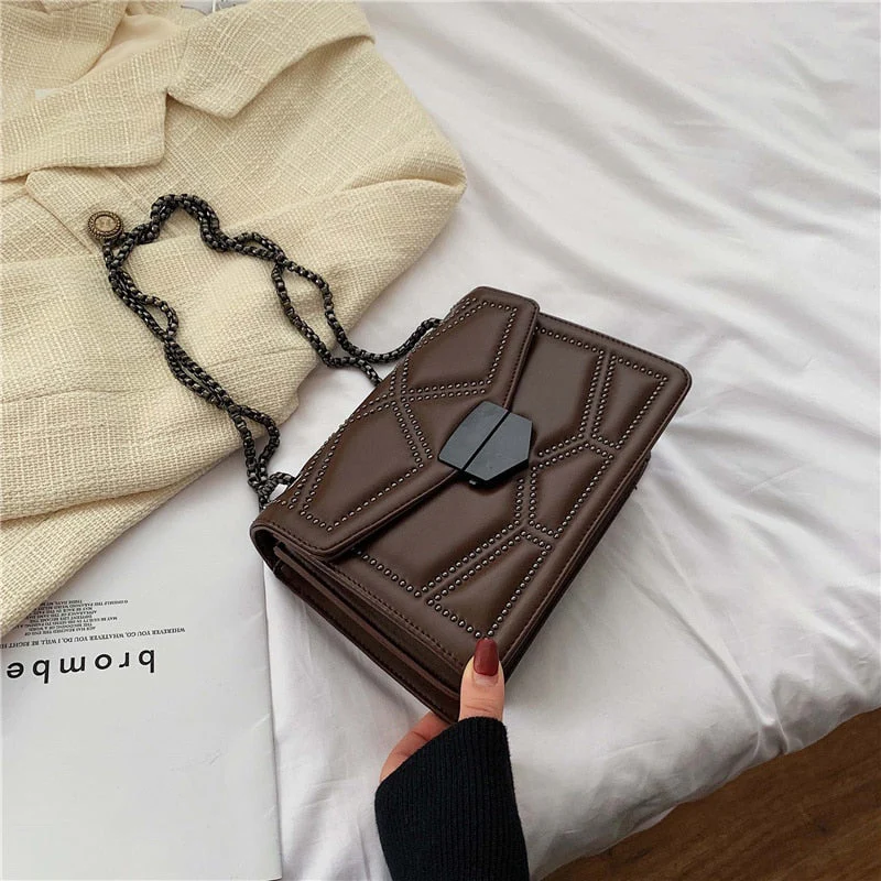 Back To College Deanwangkt Studded Rivet Chain Brand PU Leather Crossbody Bags For Women Hit Simple Fashion Shoulder Bag Lady Luxury Small Handbags - Deanwangkt