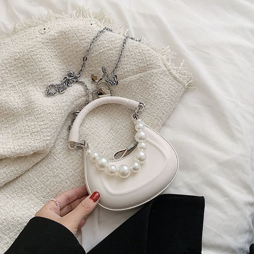 Back To College Deanwangkt Kawaii Tote PU Leather Half Moon Armpit Bag With Pearl Short Handle Women's Designer Handbag Luxury Shoulder Crossbody Bag - Deanwangkt
