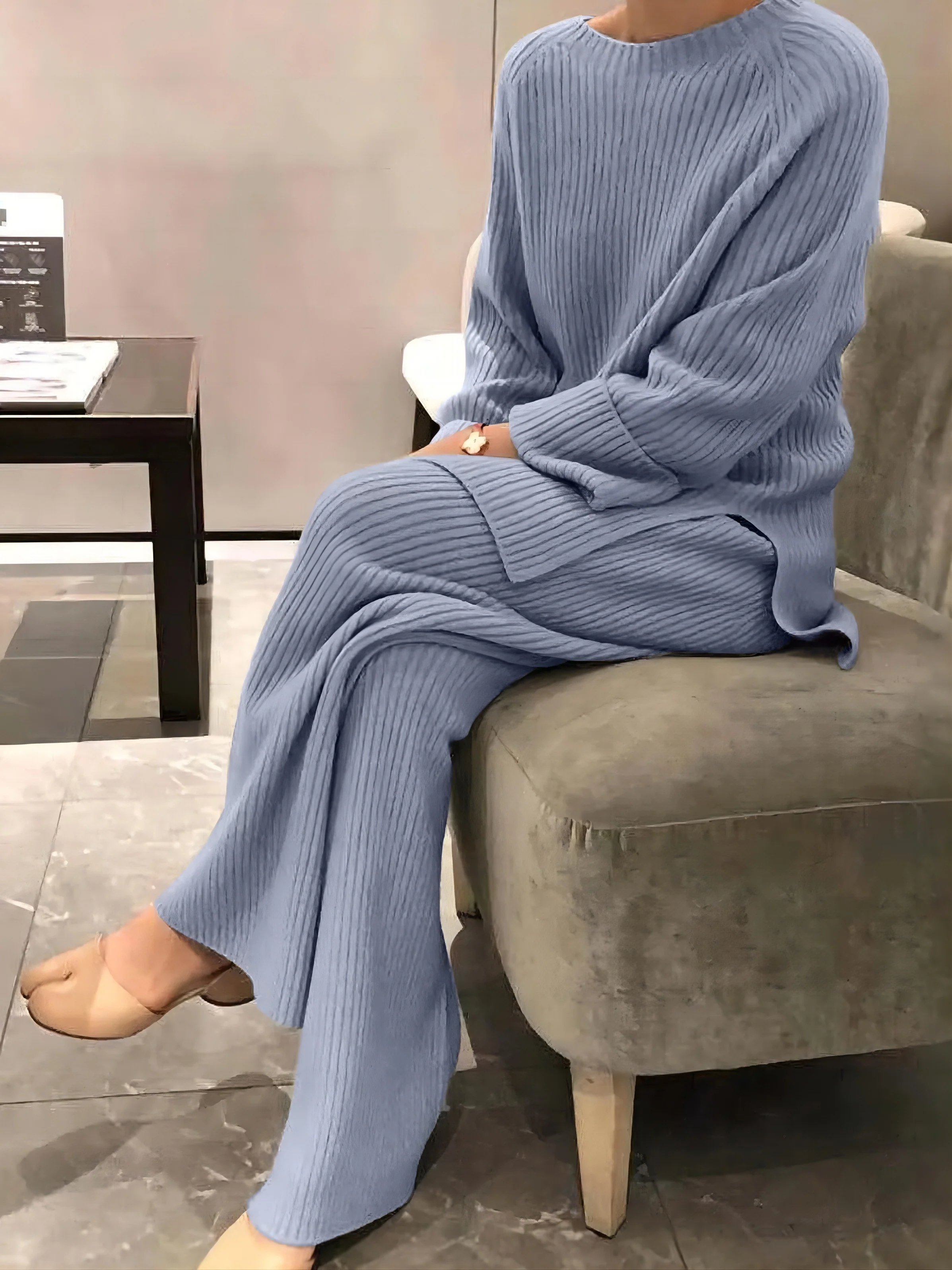 deanwangkt-1  Casual Solid Two-piece Set, Raglan Sleeve Pullover Sweater & Wide Leg Pants Outfits, Women's Clothing - Deanwangkt