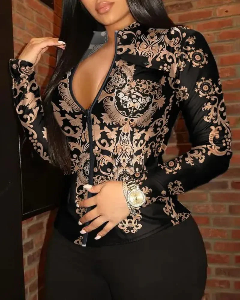 Deanwangkt - Baroque Print Long Sleeve Zip Top - Deanwangkt