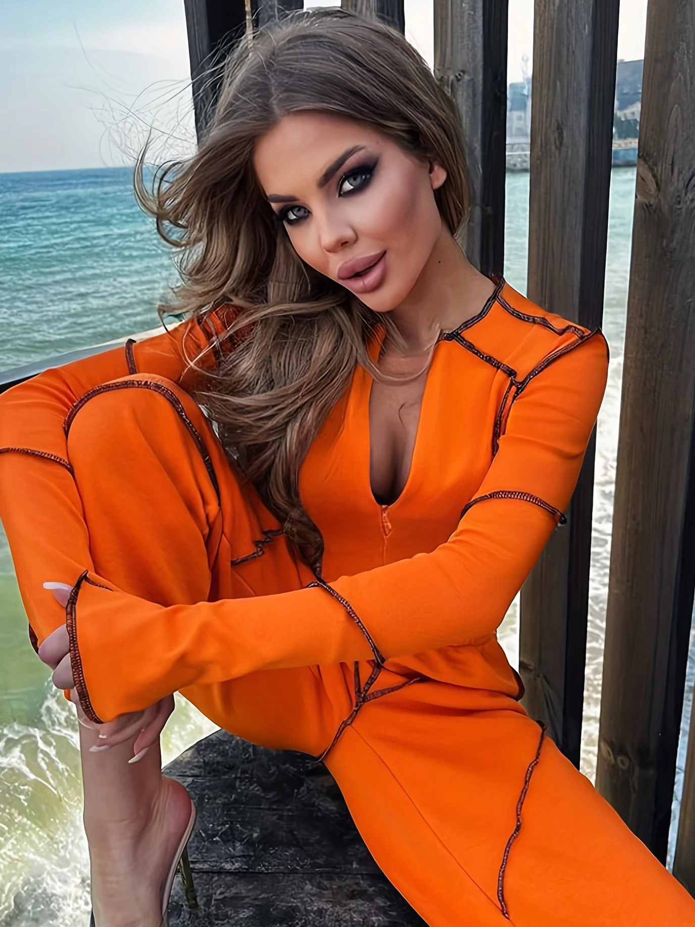 deanwangkt-1  Y2K Top Stitching Two-piece Set, Zip Up Crop Top & Elastic Jogger Pants Outfits, Women's Clothing - Deanwangkt