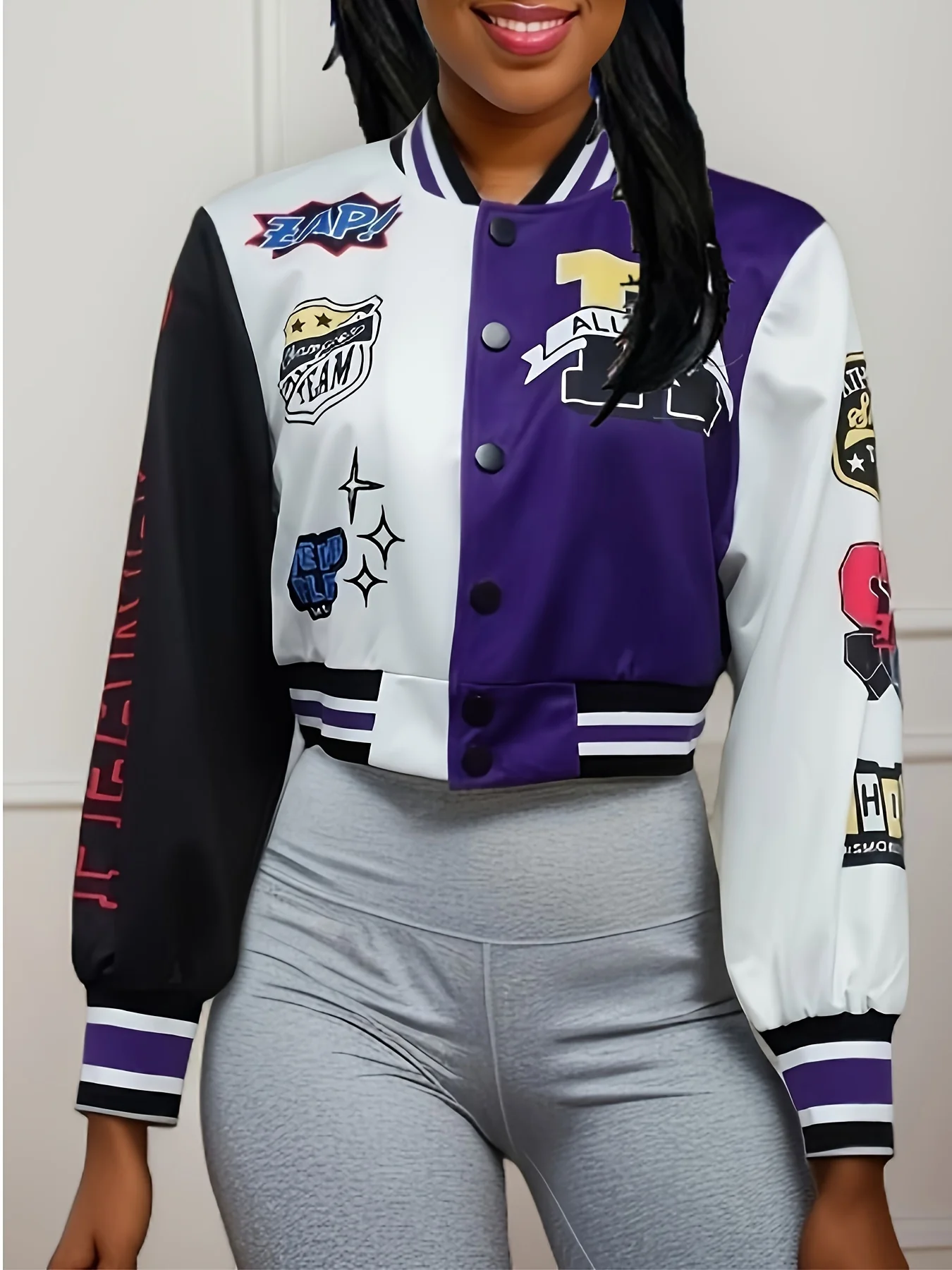 deanwangkt-1 Letter Print Button Front Varsity Jacket, Casual Long Sleeve Baseball Neck Outerwear, Women's Clothing - Deanwangkt