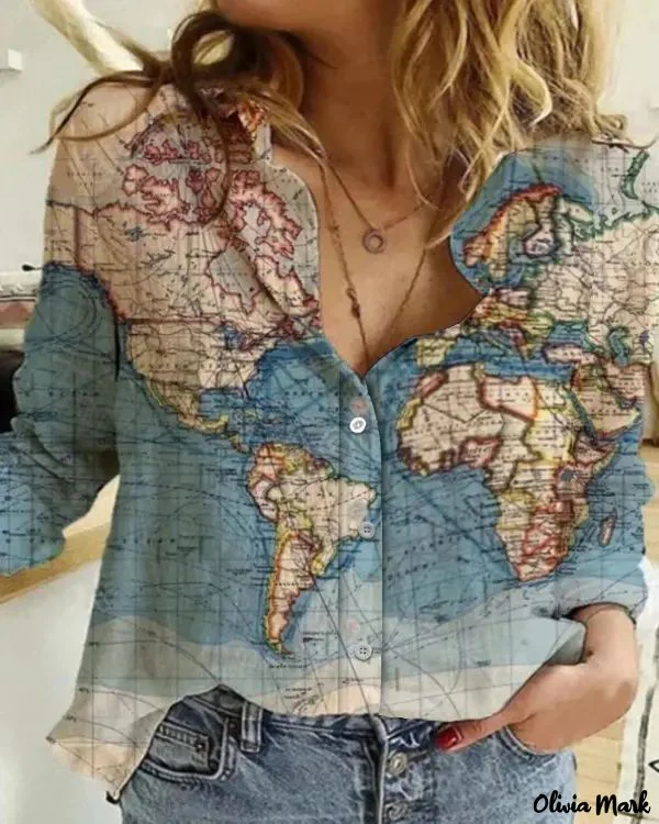Deanwangkt - Map Print Long Sleeve Button Down Shirt - Deanwangkt