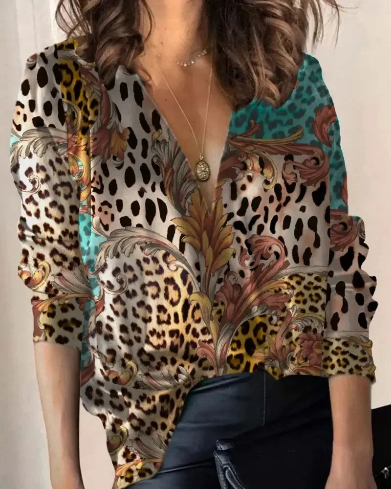 Deanwangkt - Floral Cheetah Print Long Sleeve V-Neck Top - Deanwangkt