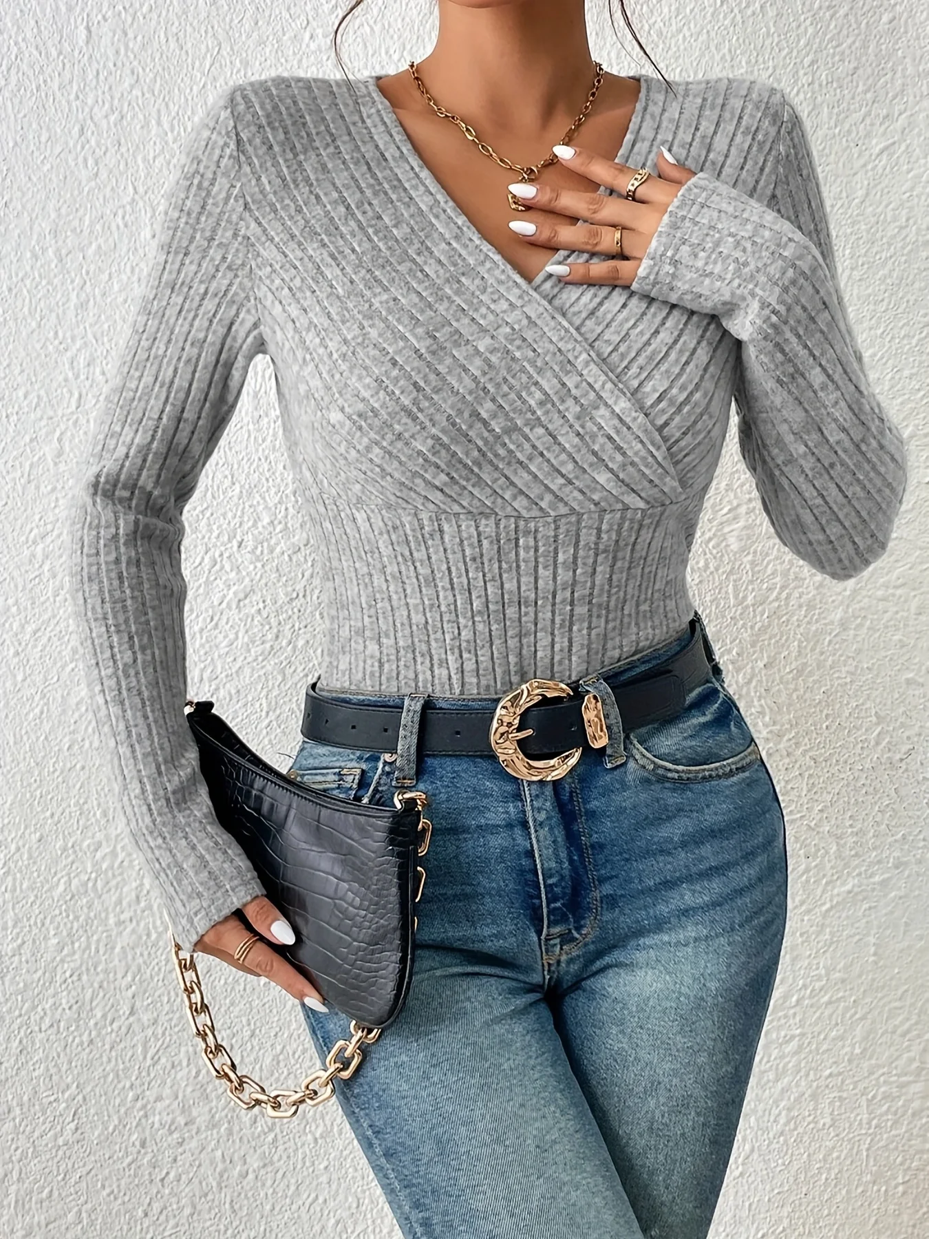 deanwangk Ribbed Surplice Neck T-Shirt, Casual Long Sleeve Top For Spring & Fall, Women's Clothing - Deanwangkt