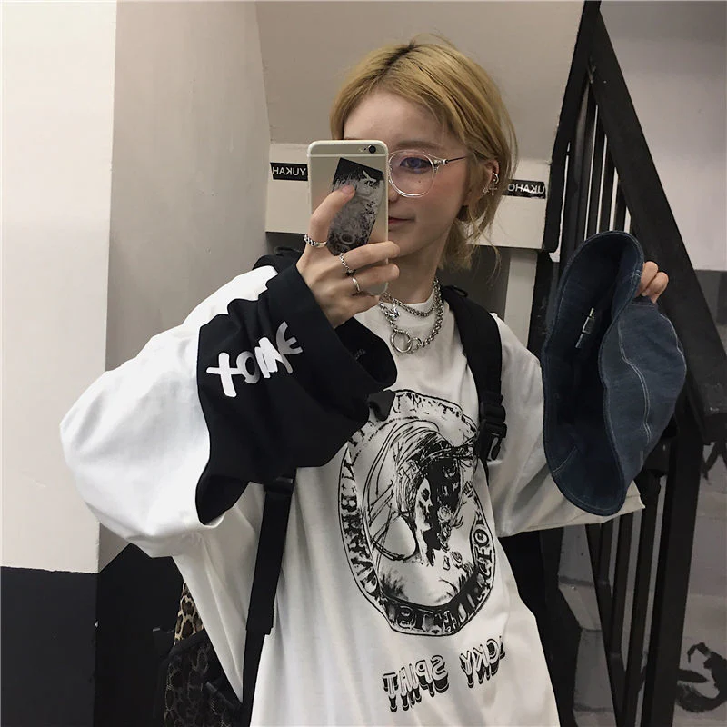 Black Friday Sales Summer Oversized T-Shirt S-5XL Unisex Black And White Stitching Streetwear Fashion Goth Punk Tops Dark Y2K Loose Female T-Shirt - Deanwangkt