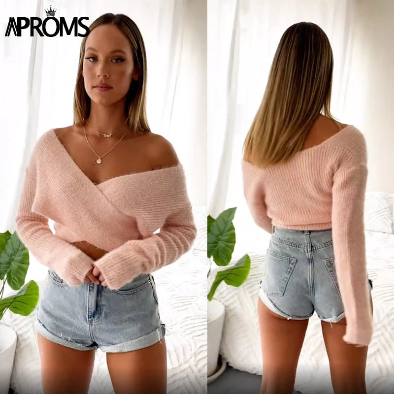 Christmas Gift Aproms Pink Fluffy Knitted Sweater Women Autumn Winter V-neck Wrap Front Basic Cropped Pullovers Fashion Outerwear Jumper Deanwangkt - Deanwangkt