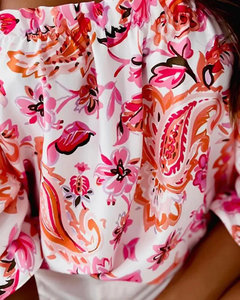 Deanwangkt - Floral Print Ruffle Hem Off Shoulder Top - Deanwangkt