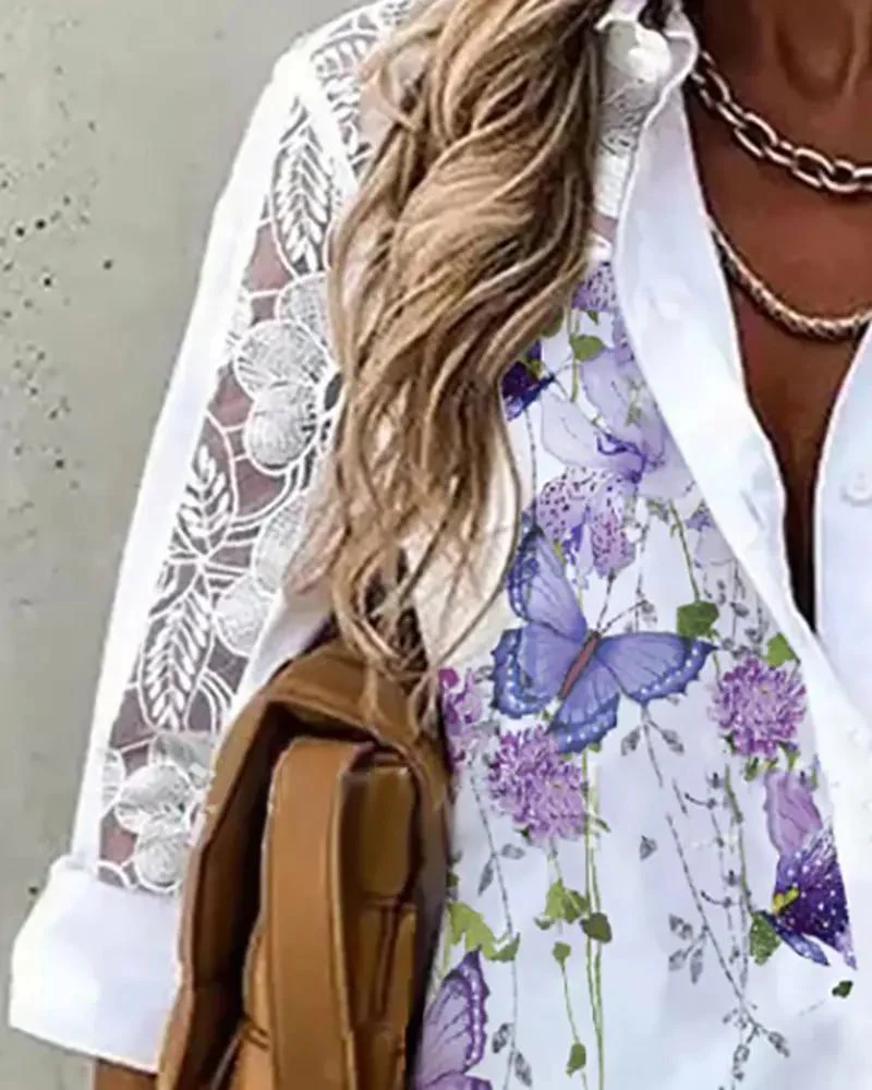 Deanwangkt - Butterfly floral print contrast lace shirt - Deanwangkt