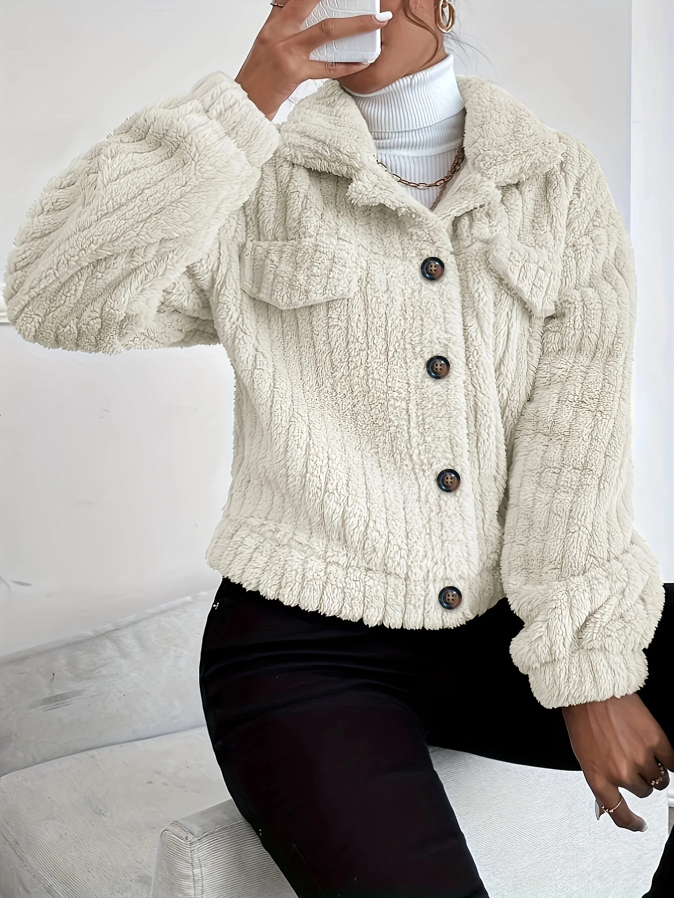 deanwangkt-1  Casual Lapel Fuzzy Thermal Coat, Solid Pocket Long Sleeve Teddy Coat For Fall & Winter, Women's Clothing - Deanwangkt