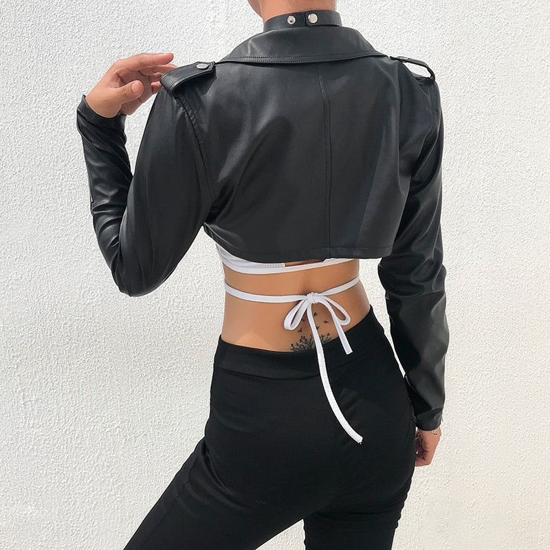 Black PU Leather Crop Jacket Street Wear Punk Style Womens Coats Long Sleeve Turn-Down Zipper Short Jacket Deanwangkt Fashion - Deanwangkt
