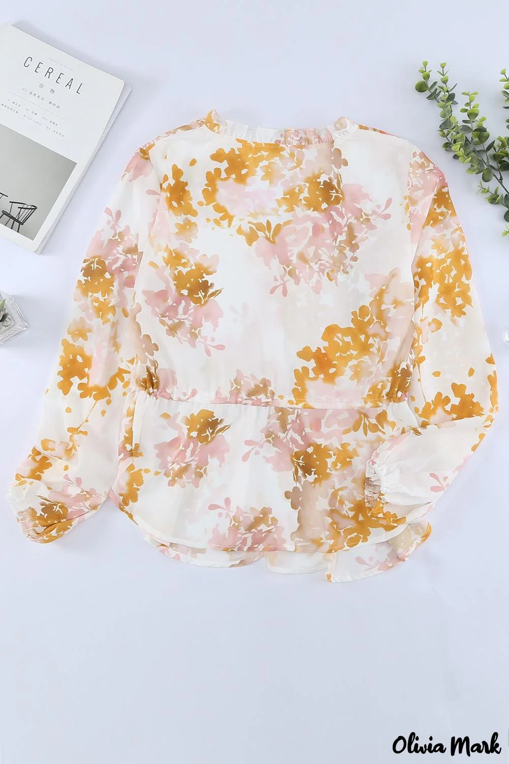 Deanwangkt - Floral V-Neck Ruffle Tie Waist Puff Sleeve Blouse - Deanwangkt