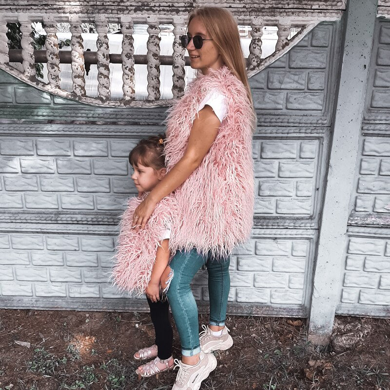 Christmas Gift Deanwangkt Autumn Winter Mother & Daughter Shaggy Faux Fur Vest Fashion Fluffy Sleeveless Waistcoat Outfits Street Fur Jacket Coats - Deanwangkt