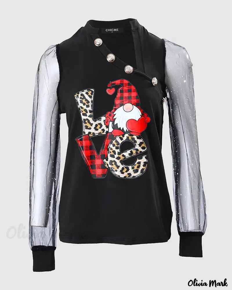 Deanwangkt - Christmas Gnome Print Glitter Sheer Mesh Long Sleeve Top - Deanwangkt