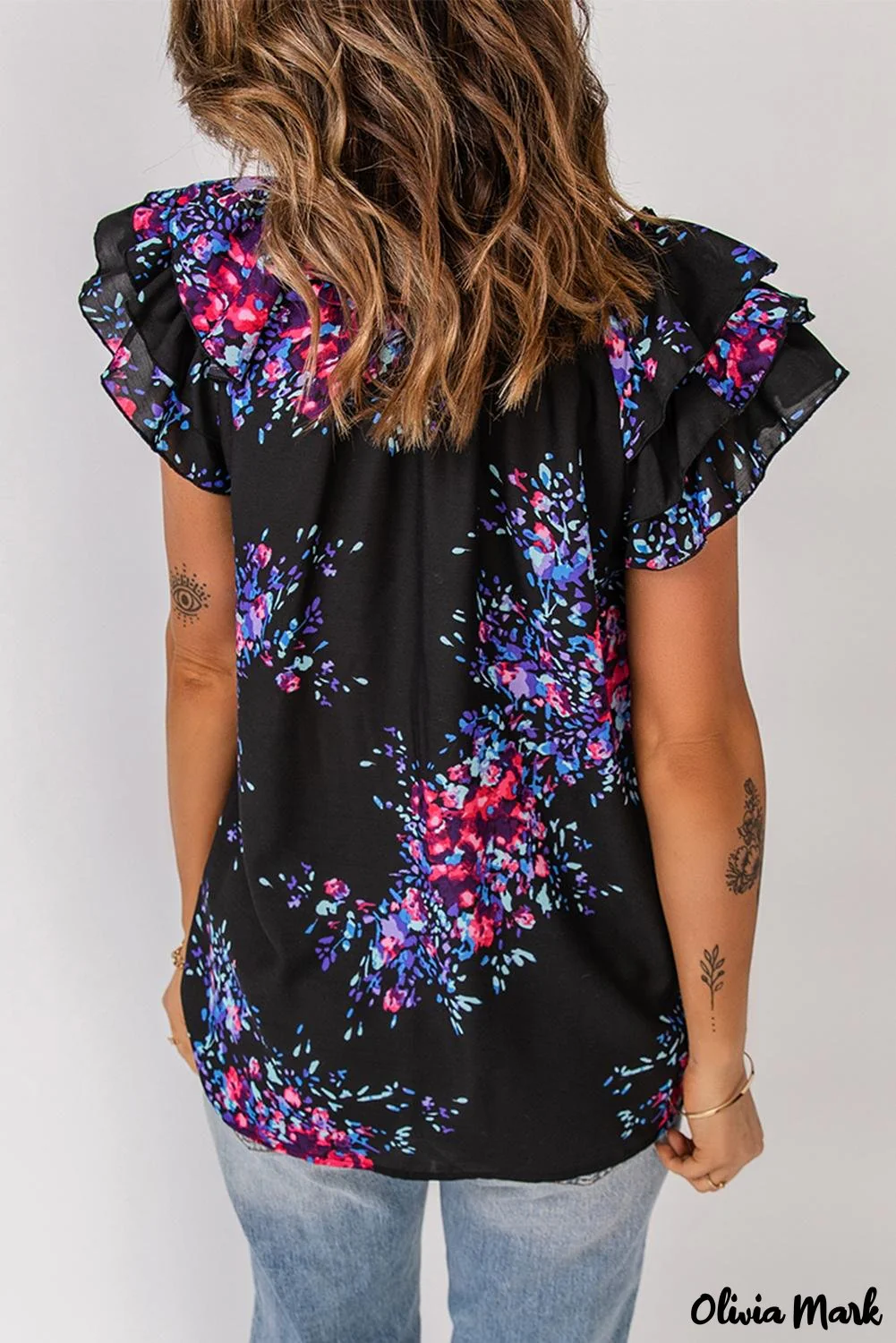 Deanwangkt - Black Tie-Dye Print Split V-Neck Butterfly Sleeve Blouse - Deanwangkt