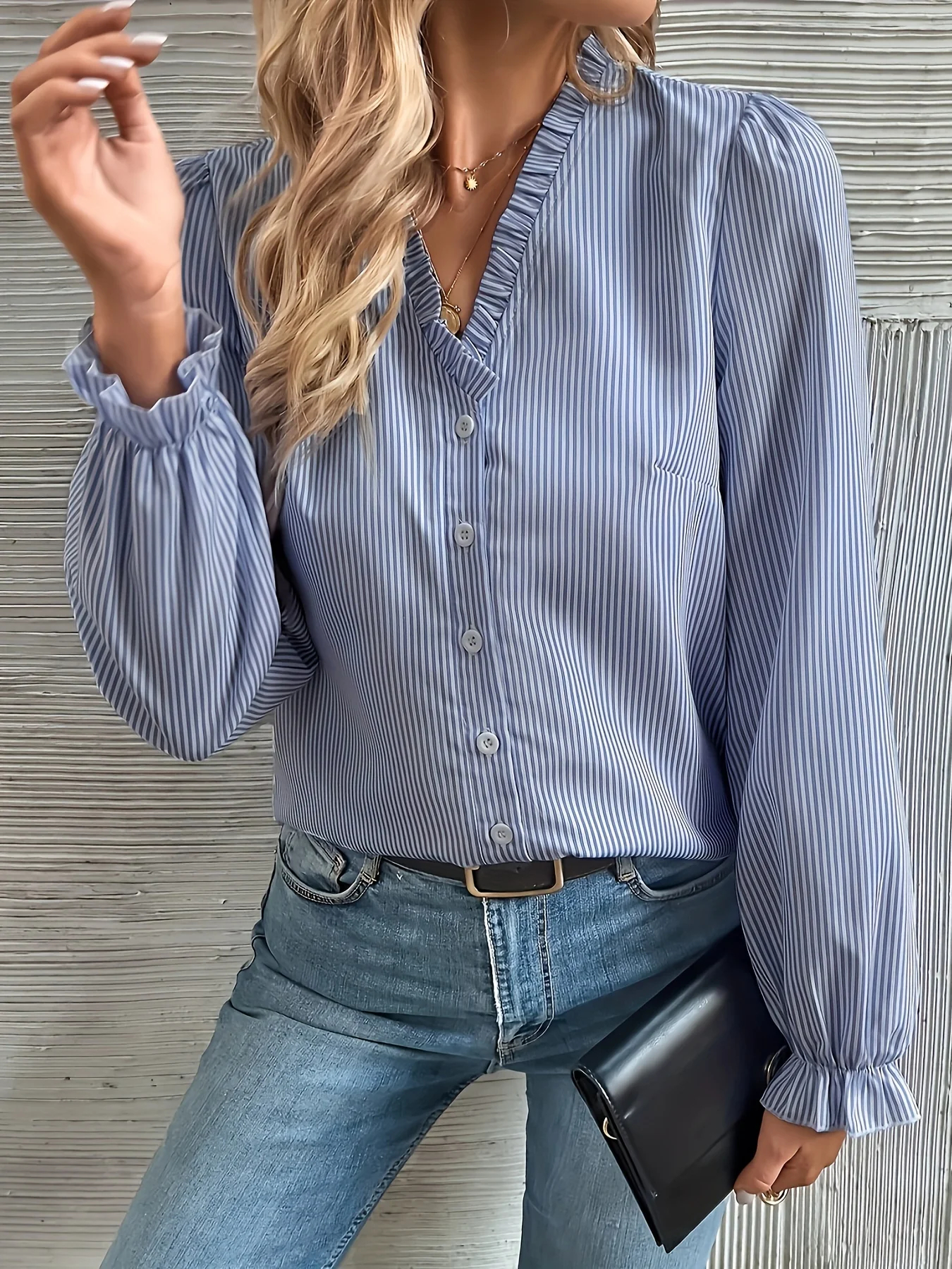 Striped Print Lettuce Trim Blouse, Elegant V Neck Button Front Blouse, Women's Clothing - Deanwangkt