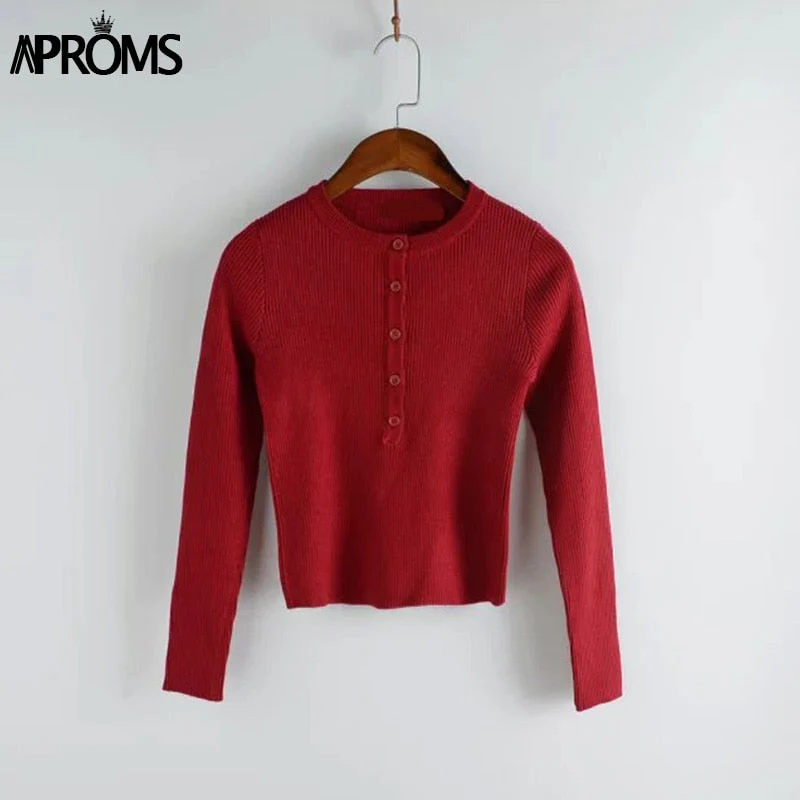 Christmas Gift Aproms Strentch Knitted Short Pullovers Sweater Winter Long Sleeve Slim Crop Top Streetwear Buttons Warm Knitwear Jumper Deanwangkt - Deanwangkt