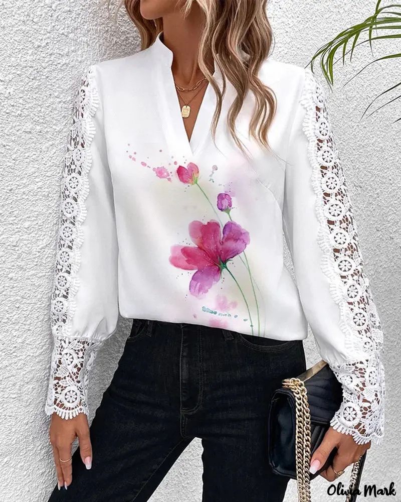 Deanwangkt - Floral Print Contrast Lace Long Sleeve Top - Deanwangkt