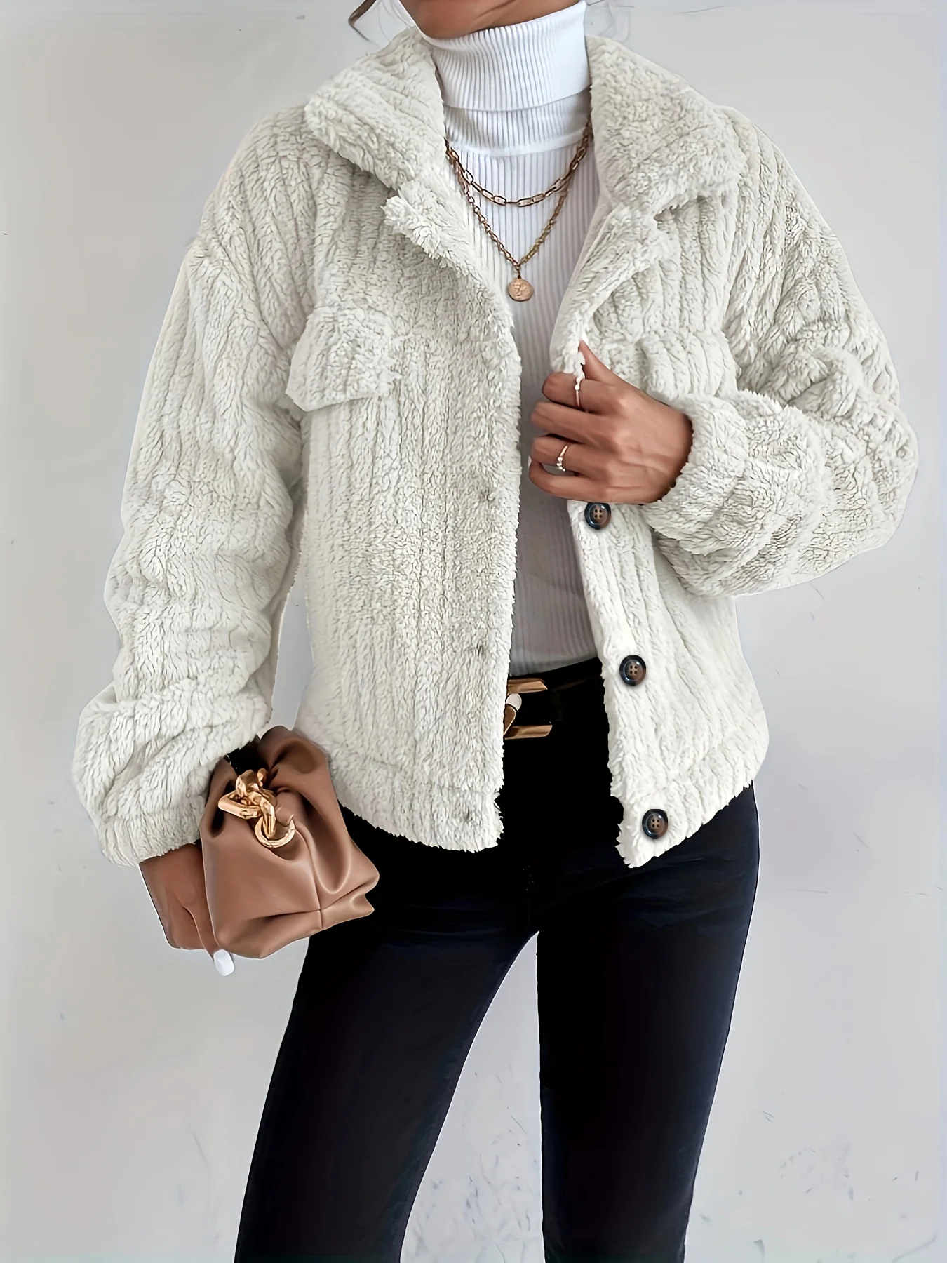 deanwangkt-1  Casual Lapel Fuzzy Thermal Coat, Solid Pocket Long Sleeve Teddy Coat For Fall & Winter, Women's Clothing - Deanwangkt