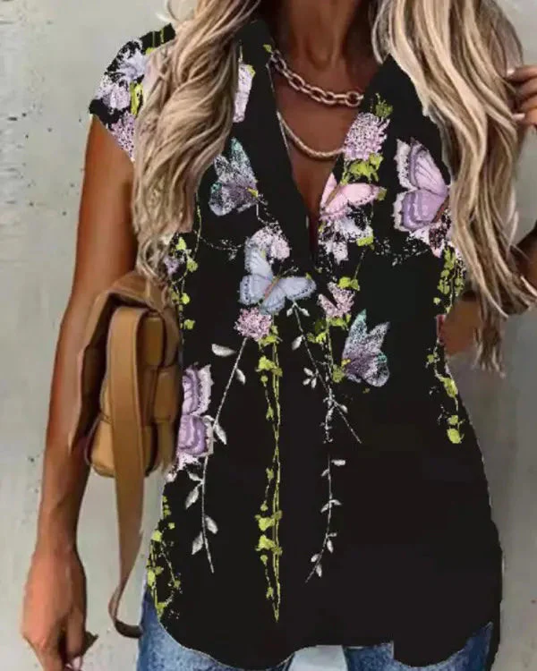 Deanwangkt - Floral Butterfly Print Short Sleeve Button Up Top - Deanwangkt