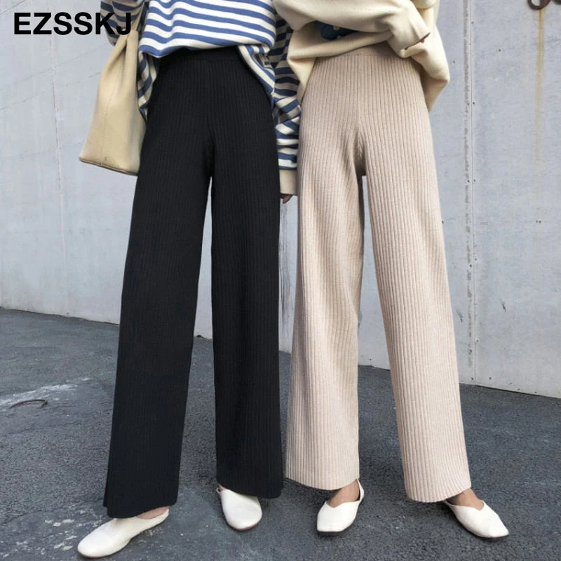 Christmas Gift Deanwangkt autumn winter new casual straight pants  women female drawstring loose high waist knitted wide leg pants casual Trousers - Deanwangkt