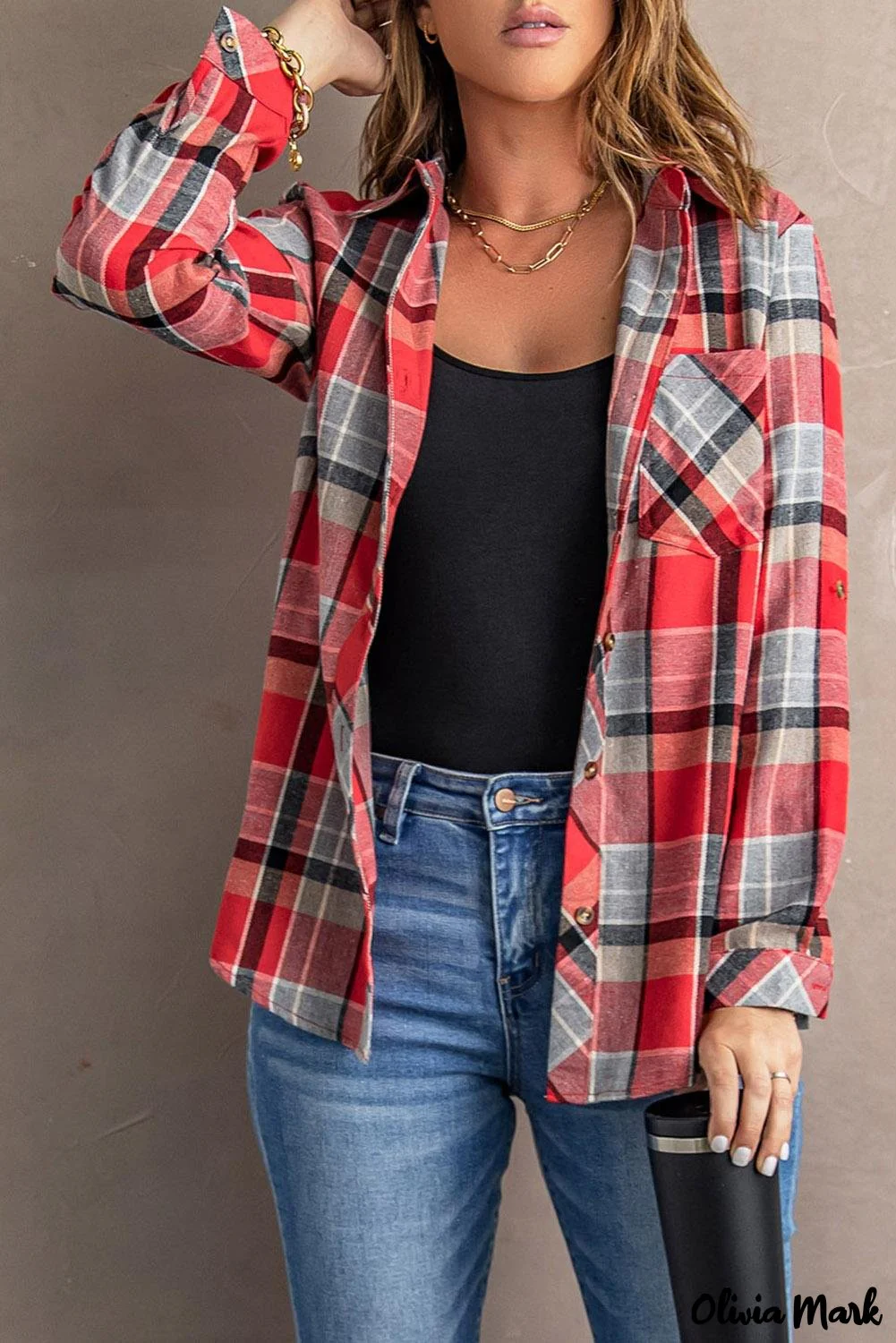 Deanwangkt - Red checkered button down blouse with pocket - Deanwangkt