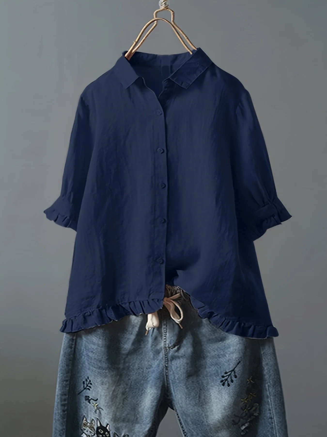 Solid Ruffle Trim 3/4 Sleeve T-Shirt, Casual All-Seasons Tops, Women's Clothing - Deanwangkt