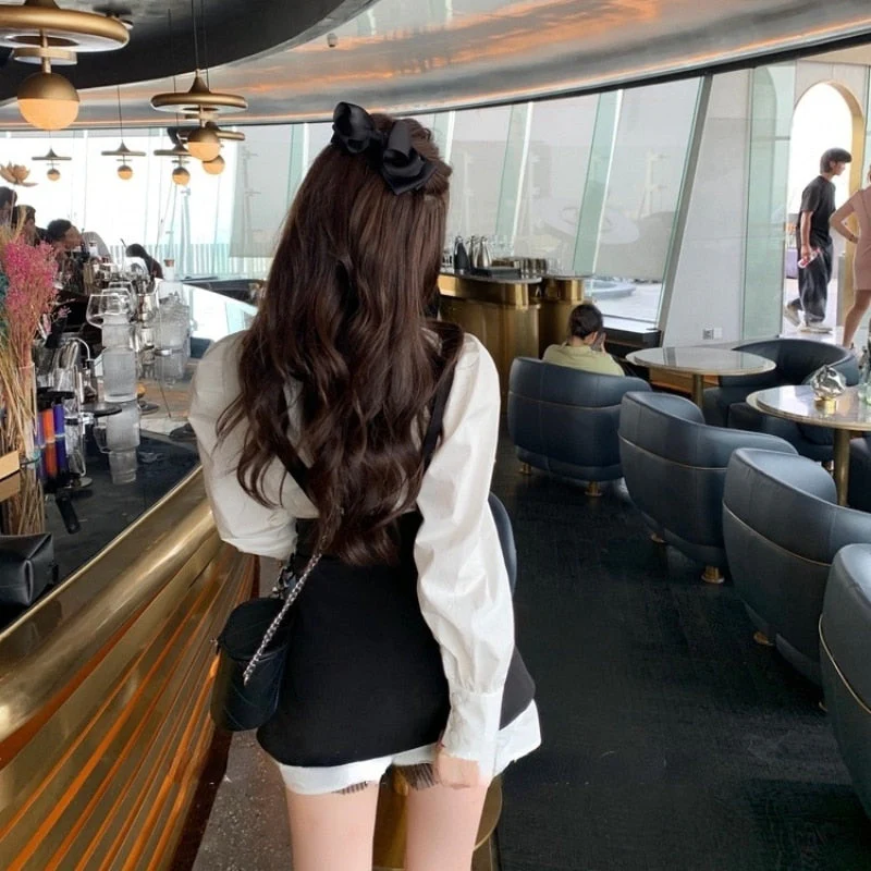 Christmas Gift Deanwangkt Autumn 2 Piece Dress Set Women Casual Long Sleeve Elegant Blouse + Mini Strap Dress Lolita Kawaii Clothes Fashion Suits - Deanwangkt