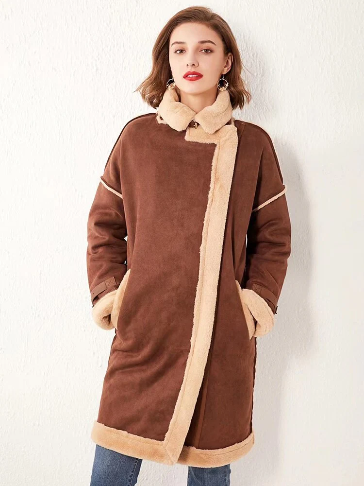 Black Friday Sales Autumn Winter Women Faux Suede Leather Fur Long Jacket Streetwear Female Moto Biker Brown Coat Lady Thick Warm Outwear - Deanwangkt