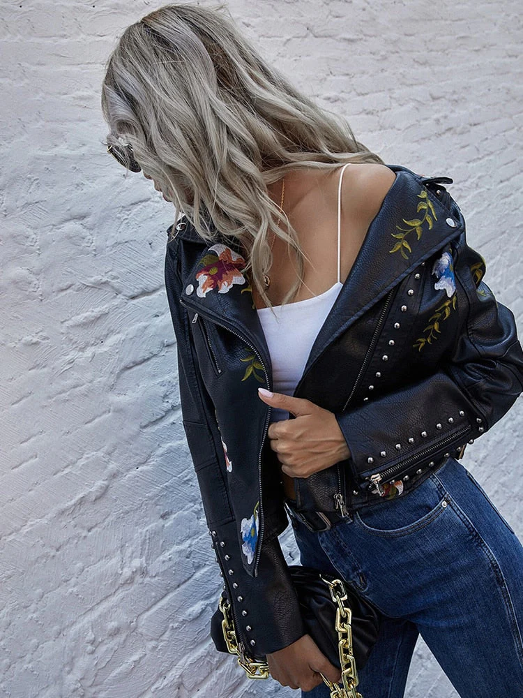 Black Friday Sales Women Retro Floral Print Embroidery Faux Soft Leather Jacket Coat Streetwear Rivet Pu Moto Biker Black Punk Outerwear - Deanwangkt