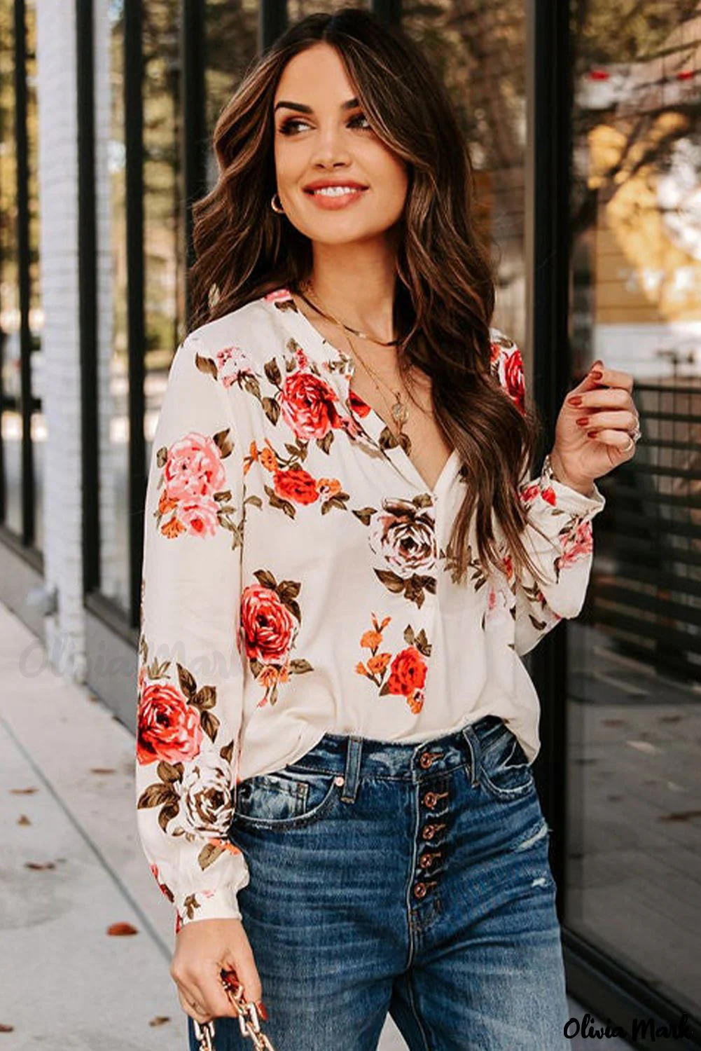 Deanwangkt - Beige Floral Print V-Neck Button Down Blouse - Deanwangkt