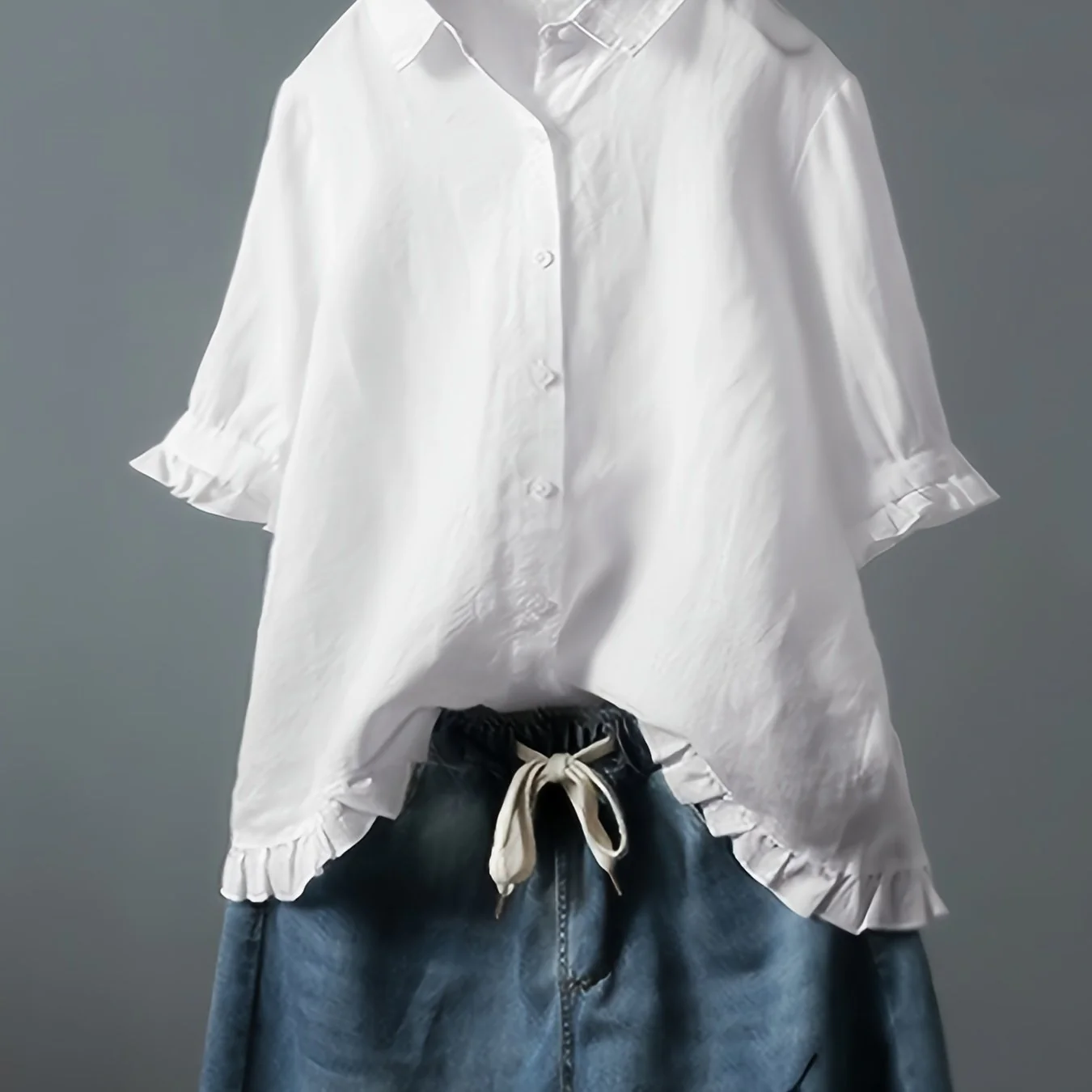 Solid Ruffle Trim 3/4 Sleeve T-Shirt, Casual All-Seasons Tops, Women's Clothing - Deanwangkt