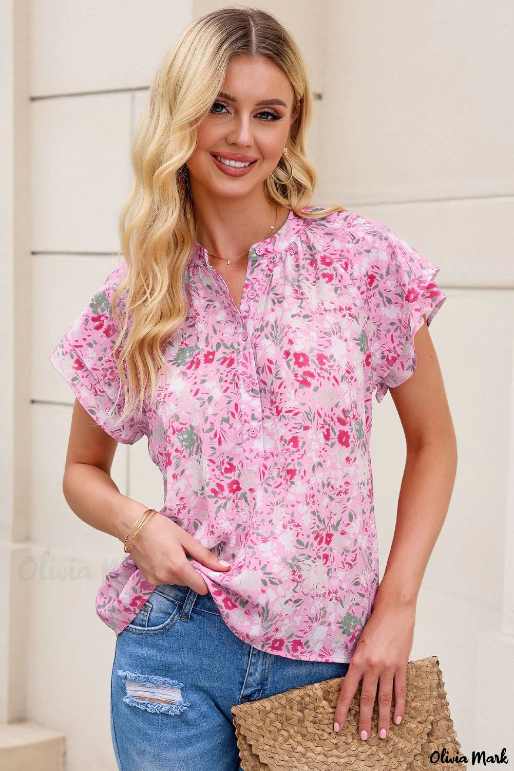 Deanwangkt - Floral Tie Neck Long Sleeve Crinkle Blouse - Deanwangkt