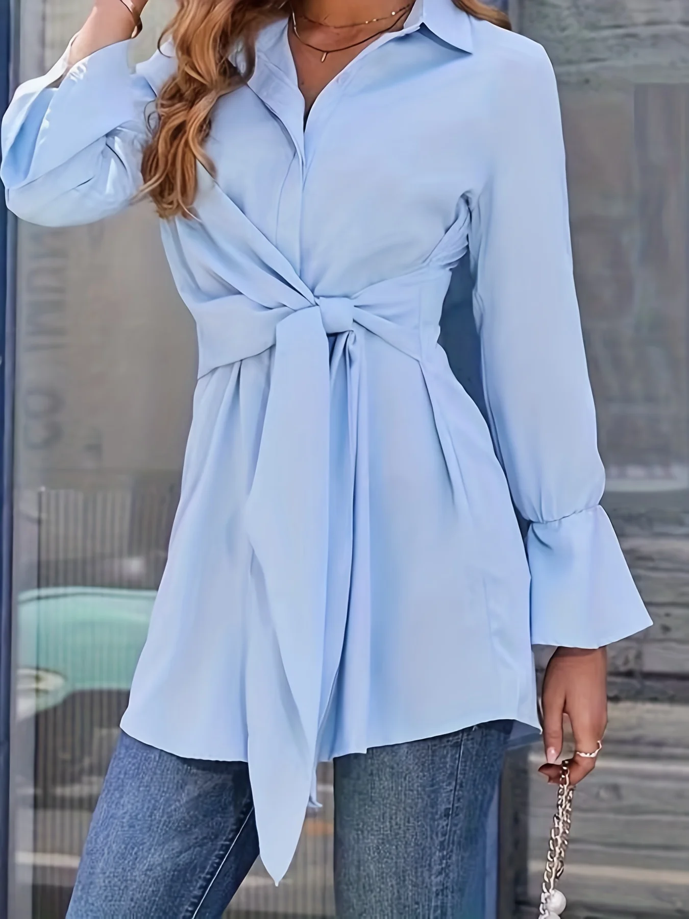 Knot Front Polo Collar Blouse, Casual Ruffle Cuff Long Sleeve Blouse For Spring & Fall, Women's Clothing - Deanwangkt