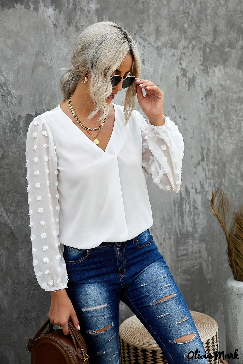 Deanwangkt - Black Polka Dot V-Neck Long Sleeve Blouse - Deanwangkt